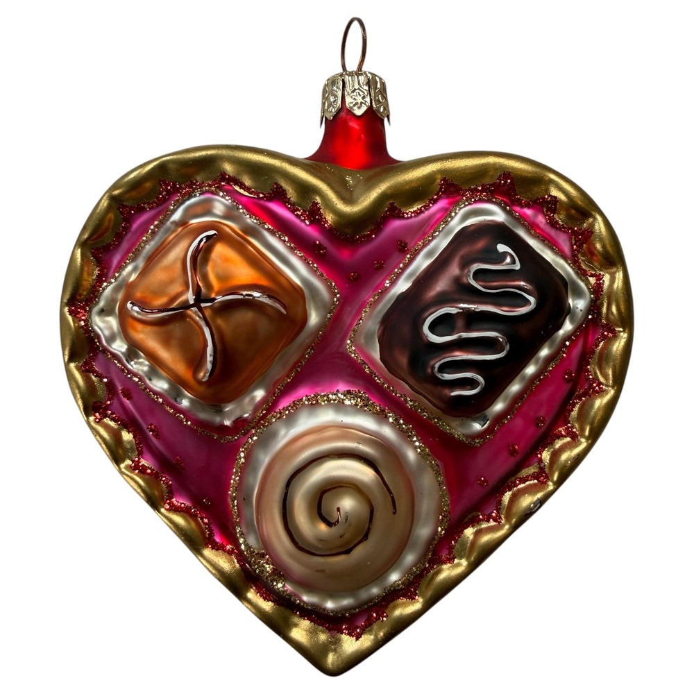 Vintage Style Blown Glass Heart Chocolate Box Christmas Ornament Red Pink Gold
